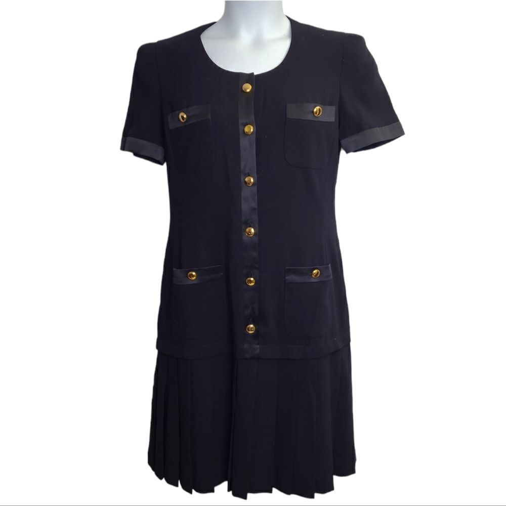 VINTAGE 90s Escada navy blue wool pleated dark academia drop‎ waist dress 36/S